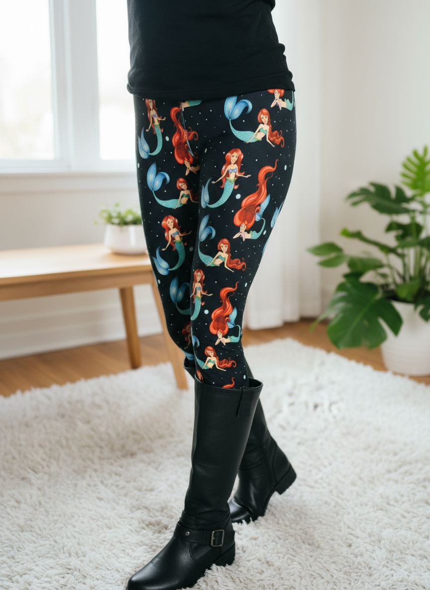 Womens Mermaid Leggings - High Waisted - Buttery Soft Yoga Pants - Black/Multi Leggings MomMe and More