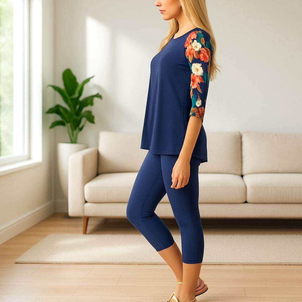 Womens Navy Blue Top - 3/4 Floral Sleeves - Buttery Soft Tops MomMe and More