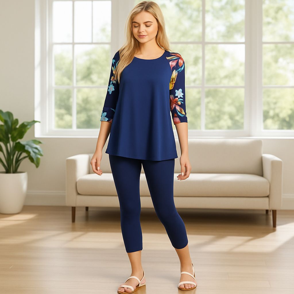Womens Navy Blue Top - 3/4 Floral Sleeves - Buttery Soft Tops MomMe and More