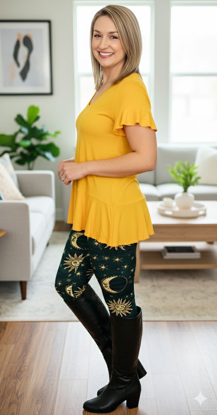 Womens Sun Moon Star Leggings - High Waisted - Buttery Soft - Blue/Yellow Leggings MomMe and More