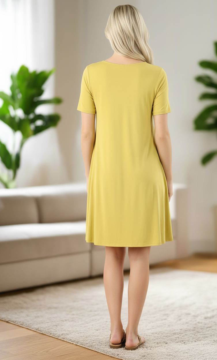 Womens Yellow Midi Dress - Short Sleeves - Buttery Soft - Side Pockets - Stretchy Casual Dress dress MomMe and More