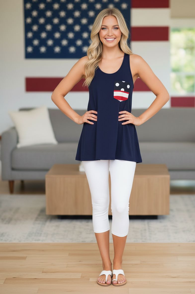 Womens Navy Blue American Flag Tank Top, Sizes S/M/L/XL, Red/White/Blue Tops MomMe and More S Blue