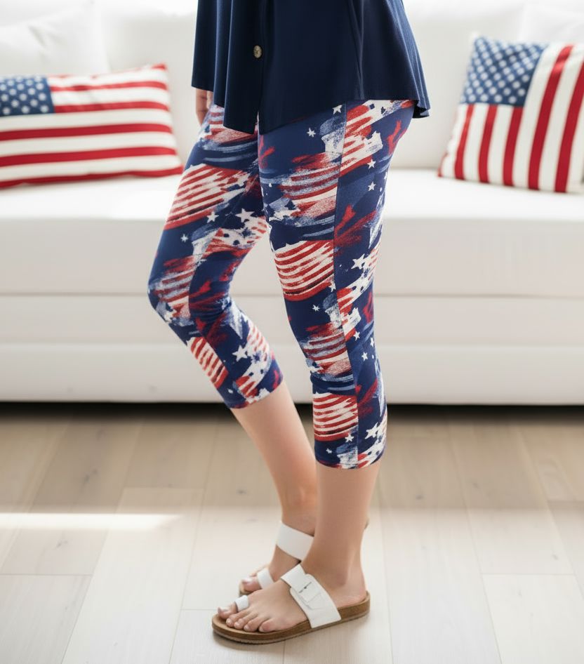 American Flag Capri Leggings, 4th of July, High Waisted, Buttery Soft, Red/White/Blue, Sizes OS/TC Leggings MomMe and More