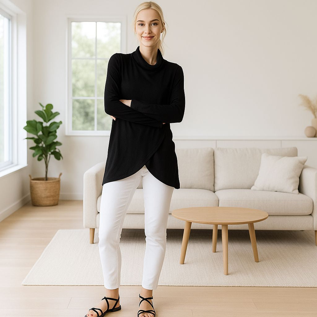 Womens Black Criss Cross Top - Cowl Neck - Oversized Tunic - Solid Black top MomMe and More