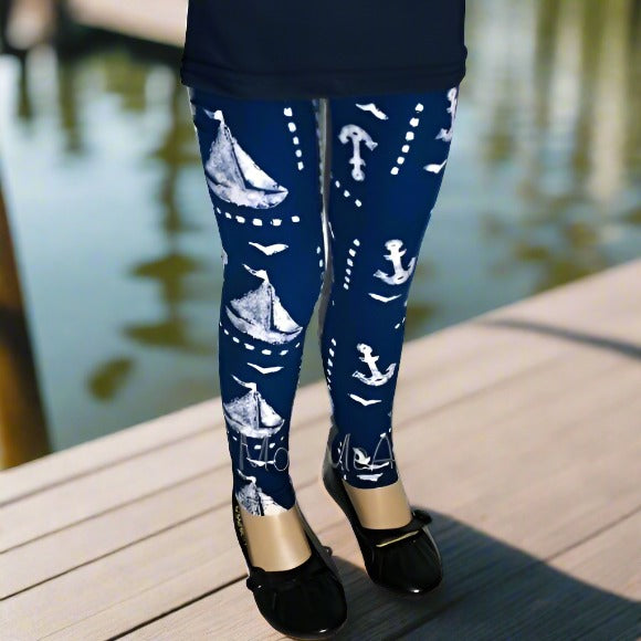 Girls Nautical Boat Anchor Leggings | Kids Yoga Pants | Footless Tights Leggings MomMe and More