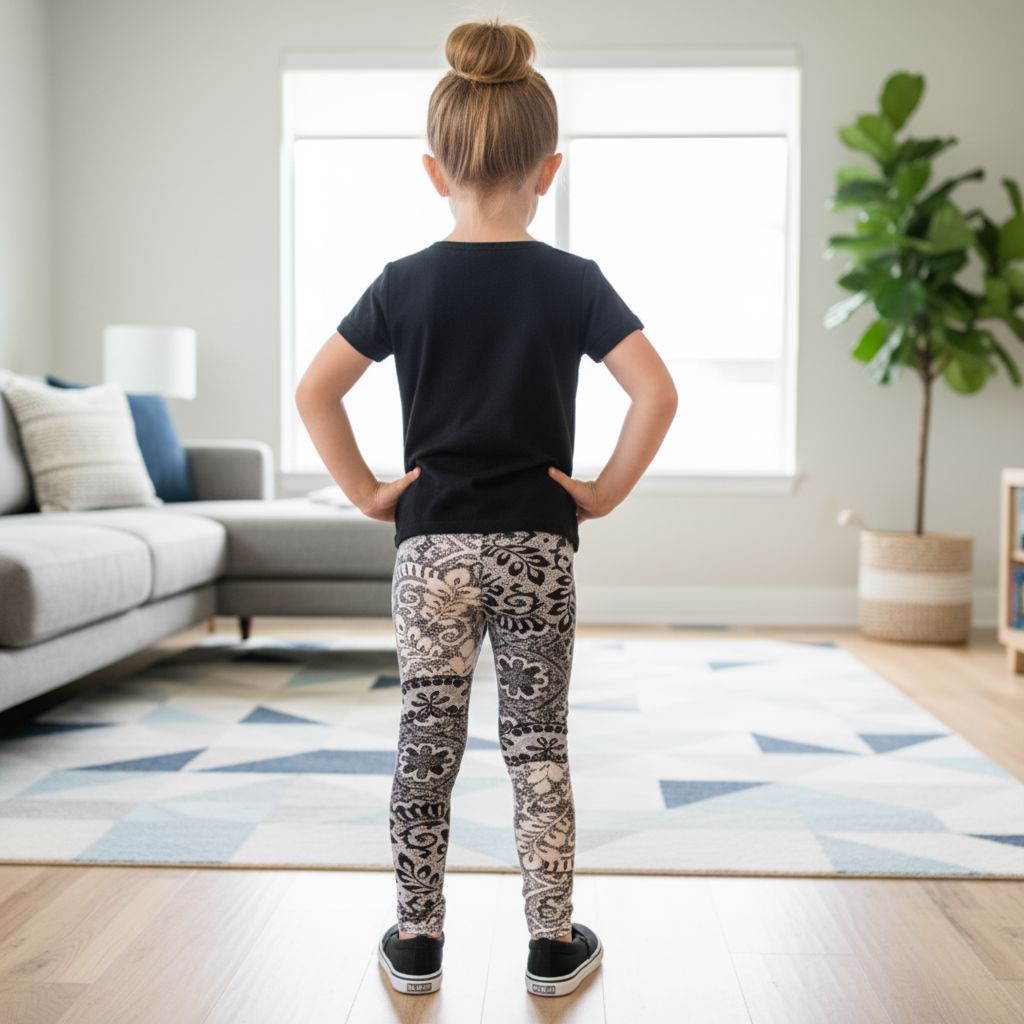 Girls Paisley Lace Leggings - High Waisted - Buttery Soft - Beige/Black Leggings MomMe and More