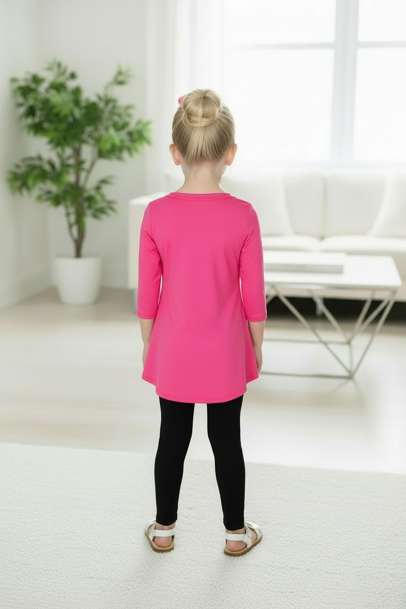 Girls Pink High-Low Dress – 3/4 Sleeve – Soft Stretch – Button Detail – Asymmetric Long Tunic Top - Fuchsia dress MomMe and More