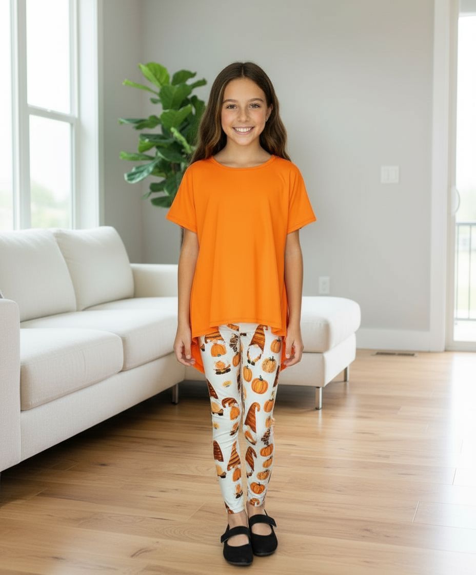 Girls Thanksgiving Gnome Leggings - High Waisted - Buttery Soft Yoga Pants - Gray/Orange Leggings MomMe and More