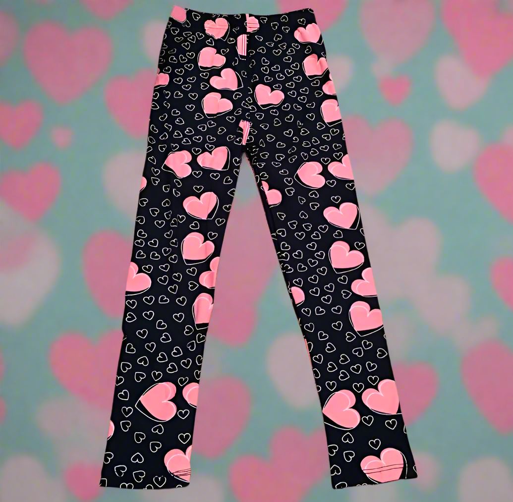 Girls Valentines Day Heart Leggings, Kids Yoga Pants, Sizes S/L, No-Roll Waist, Pink Leggings MomMe and More