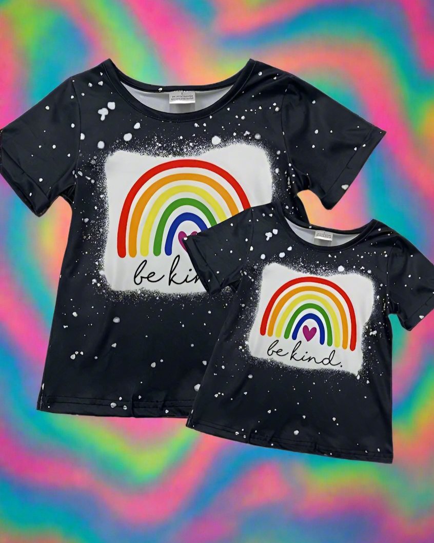 Women and Girls Rainbow Shirts Matching Mom and Me Tops Graphic Be Kind T Shirts Sizes Adult Child Black Multi