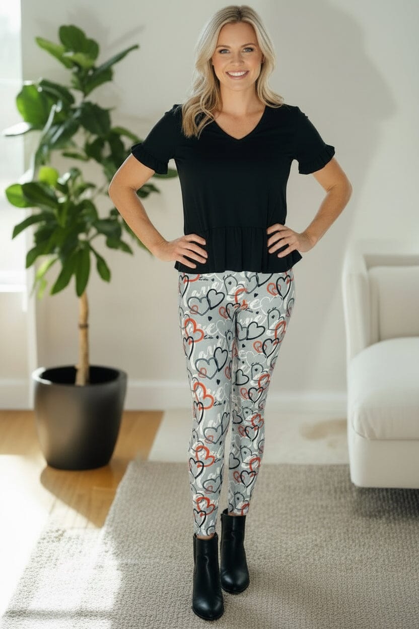 Heart Leggings, Valentines Day, High Waisted, Buttery Soft Yoga Pants, Gray/Red, Sizes OS/C/TC2 Leggings MomMe and More