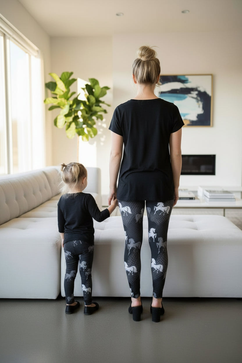 Horse Leggings, High Waisted, Buttery Soft, Black/White, Sizes OS/PLUS Leggings MomMe and More