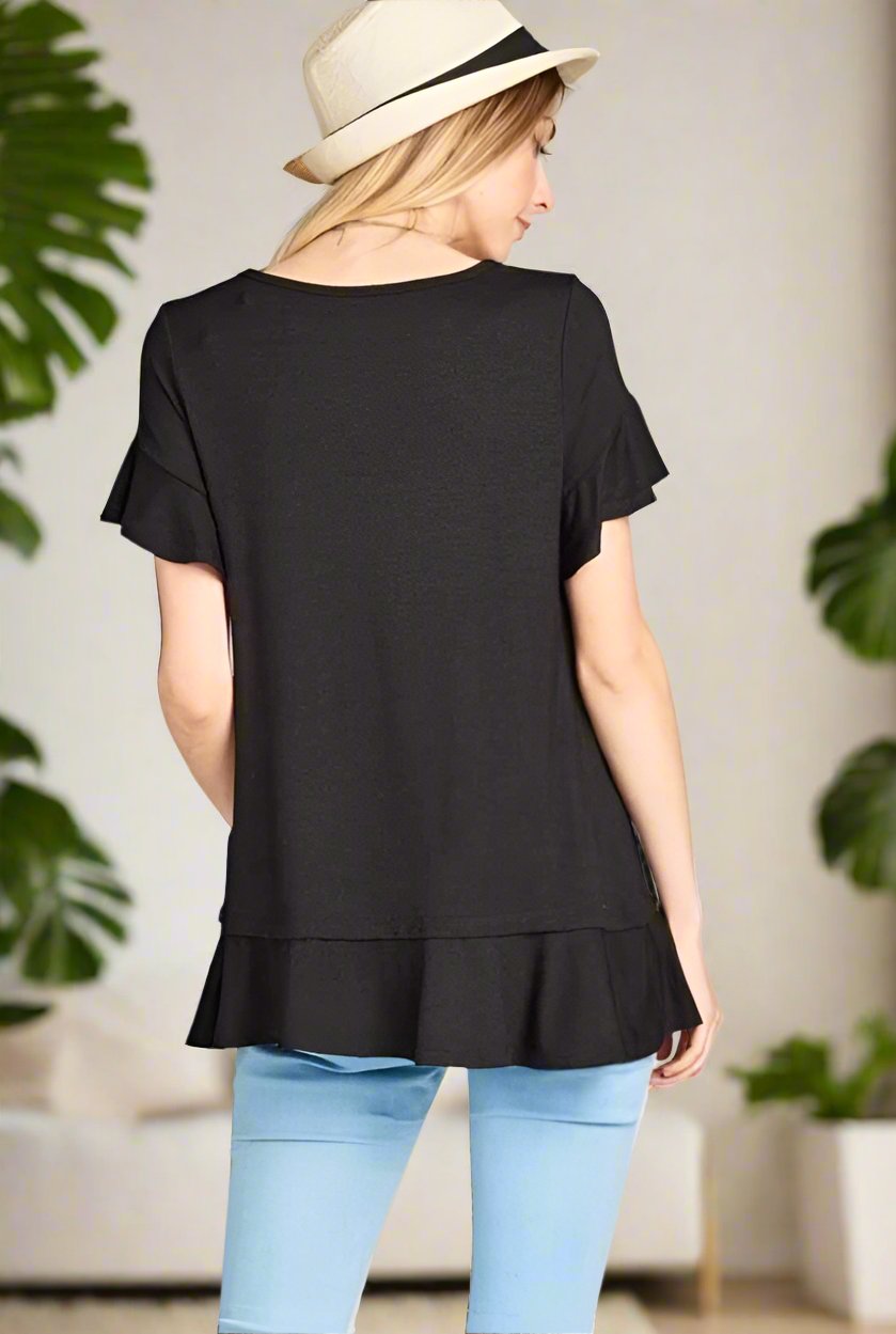 Womens Solid Black Top, V-Neck Ruffle Cap Sleeve & Ruffle Hem Shirt Tops MomMe and More