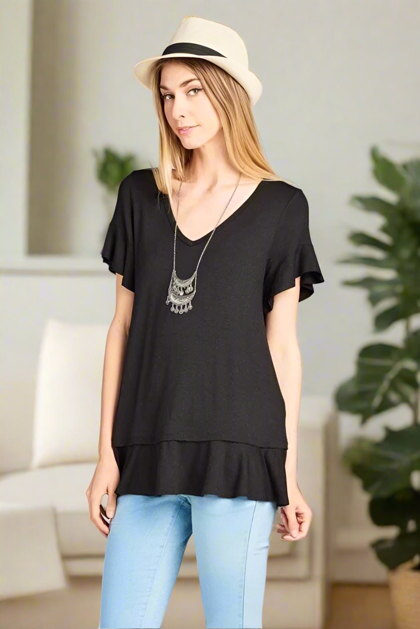 Womens Solid Black Top, V-Neck Ruffle Cap Sleeve & Ruffle Hem Shirt Tops MomMe and More