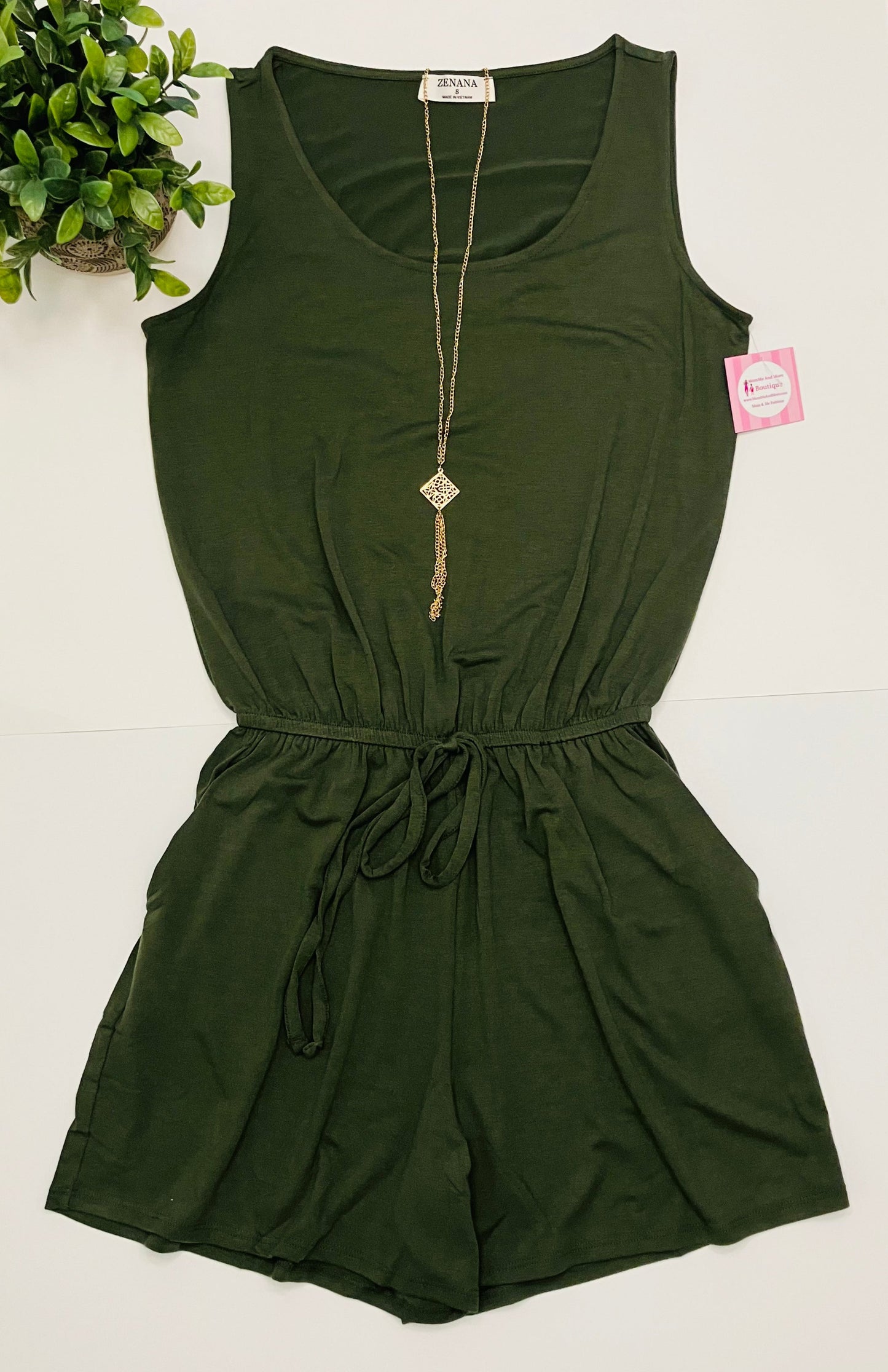 Womens Army Green Tank Top Shorts Romper, Sleeveless Jumpsuit: Plus Size Jumpsuit MomMe and More