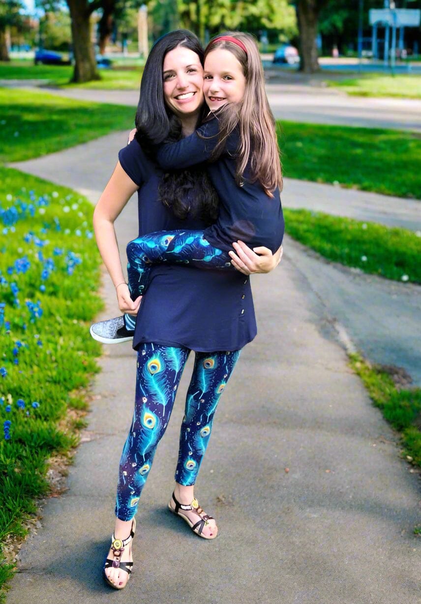 Girls Peacock Leggings, Kids Yoga Pants, Sizes S/L, No-Roll Waist, Blue/Orange Leggings MomMe and More