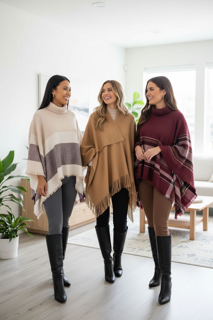 Womens Fall Plaid Poncho - Turtle Neck - Fringed Sweater Wrap Cape - Brown/Multi poncho MomMe and More