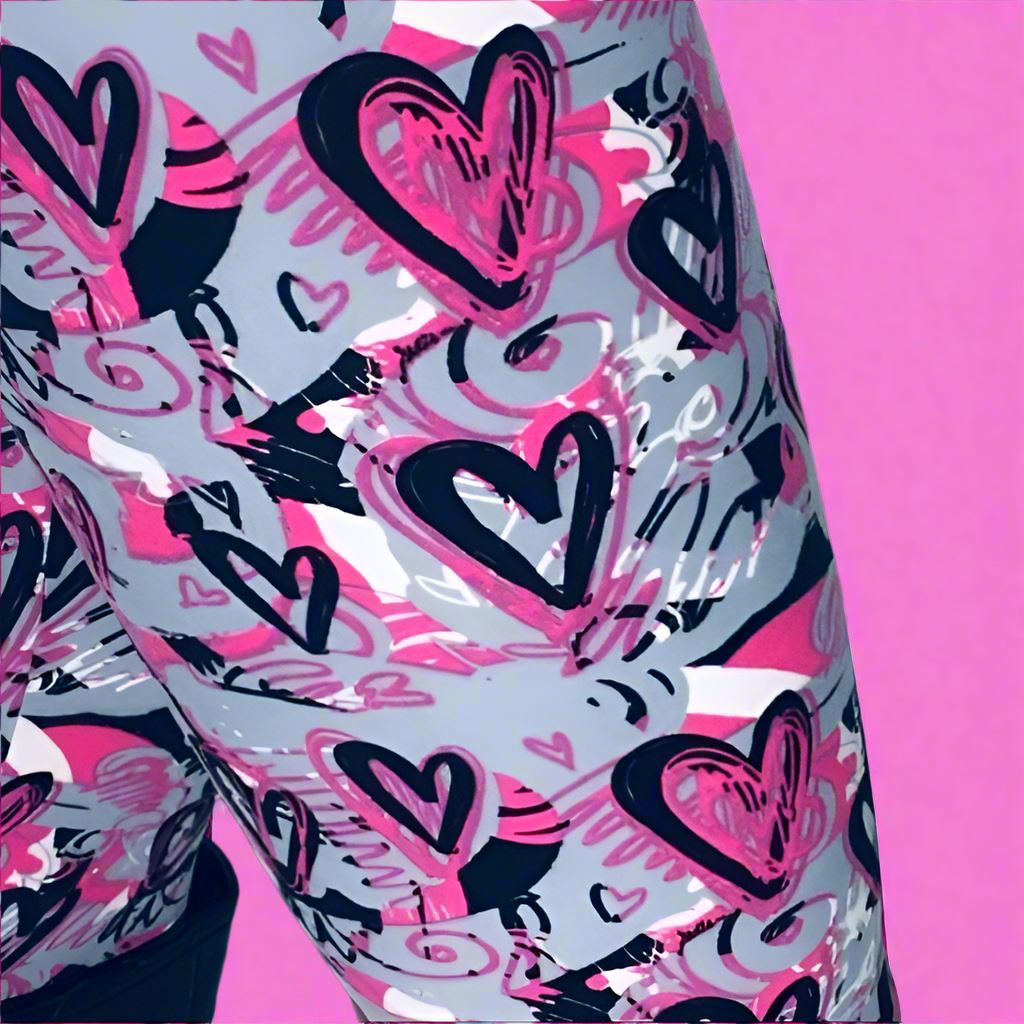 Womens Valentines Day Heart Leggings, Soft Yoga Pants, Sizes 0-18, Pink/Gray, No-Roll Waist Leggings MomMe and More