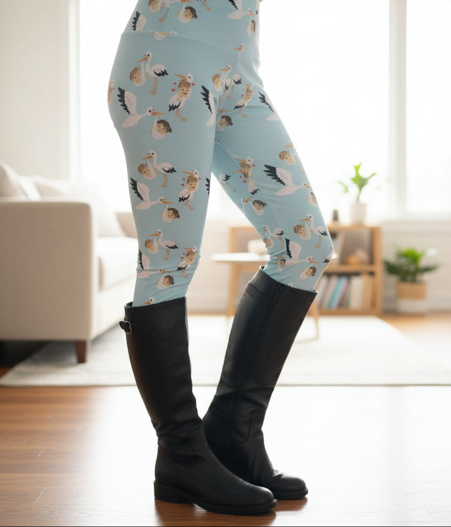 Womens Blue Stork Leggings - High Waisted - Buttery Soft - Baby Boy Mom Gift Idea Leggings MomMe and More