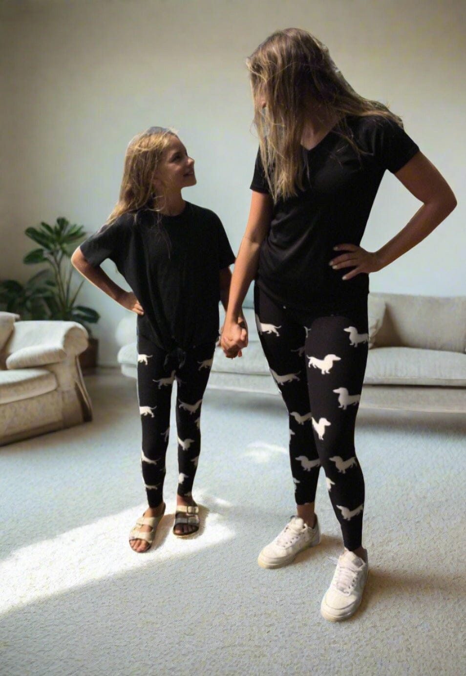 Girls Dachshund Dog Leggings, Kids Yoga Pants, Sizes S/L, No-Roll Waist, Black/White Leggings MomMe and More