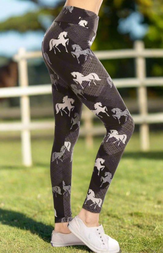 Womens Black Horse Leggings, Soft Yoga Pants, Sizes 0-20, Yoga Waist, Black/White Leggings MomMe and More