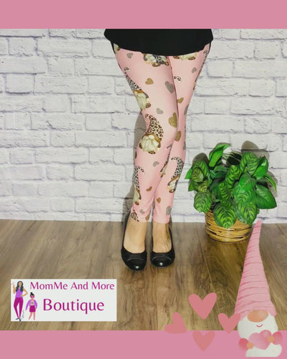 Womens Gnome Cheetah Heart Leggings Soft Yoga Pants Pink/Brown Sizes 0-20