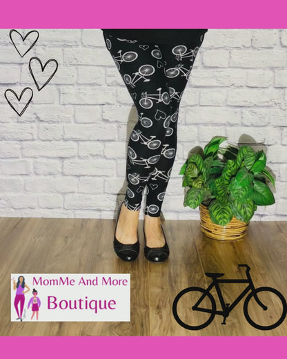 Womens Bike Leggings | Bike Heart Leggings | Yoga Pants | Footless Tights | Elastic No-Roll Waistband