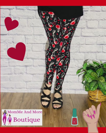 Womens Nail Polish Heart Leggings Soft Yoga Pants Black/Red Sizes 0-18
