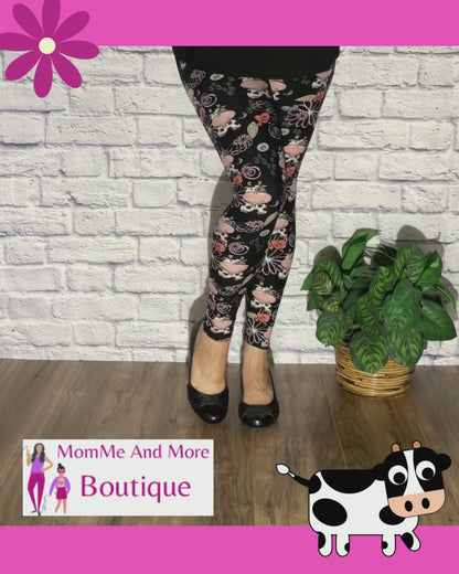Womens Cow Leggings Soft Yoga Pants Black/Pink Sizes 0-18