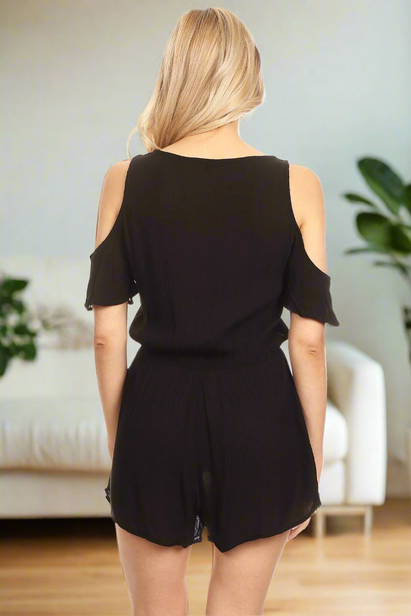 Women/Juniors Cold Shoulder Romper Shorts Jumpsuit Black: S/M/L romper MomMe and More