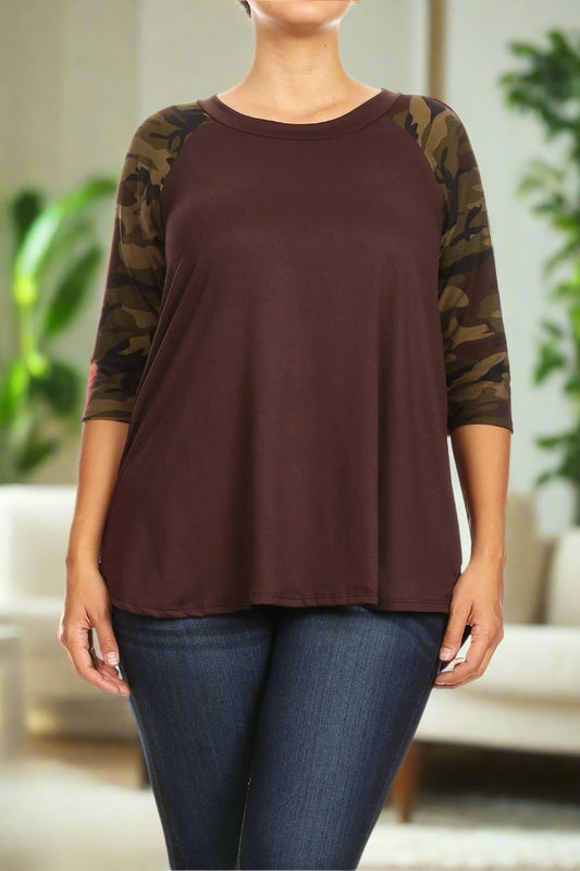 Women's Camo Brown Tunic Raglan Top: Plus 1xl/2xl/3xl Tops MomMe and More