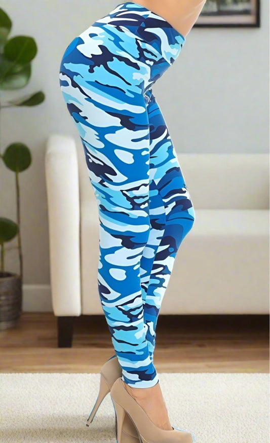 Womens Blue Camouflage Leggings: Yoga Waist Leggings MomMe and More