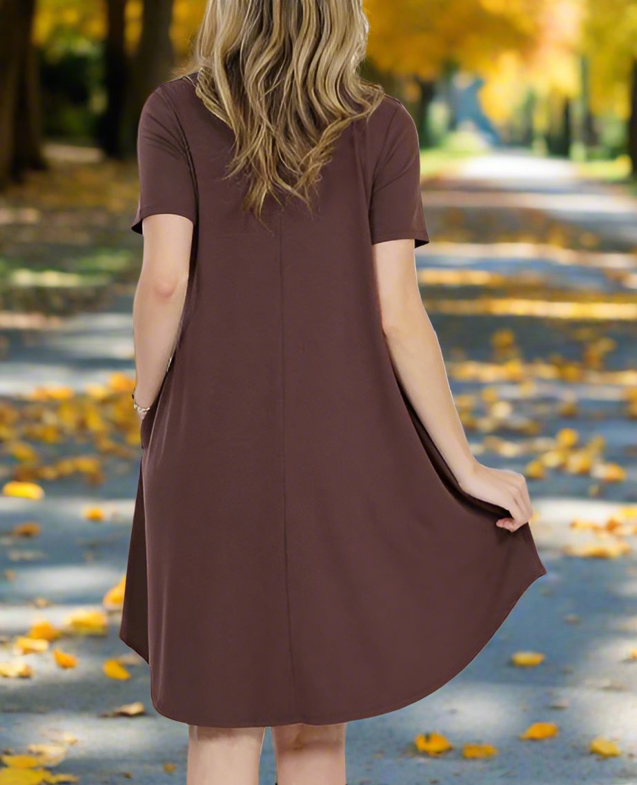 Womens Short Sleeve Pocket Midi Dress: Brown dress MomMe and More