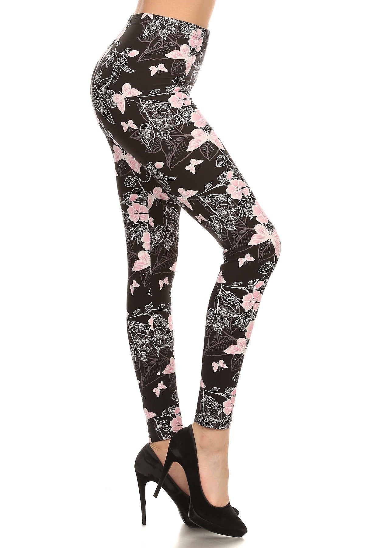Womens Leggings | Pink Butterfly Leggings | Yoga Pants | Footless Tights |  No-Roll Waistband