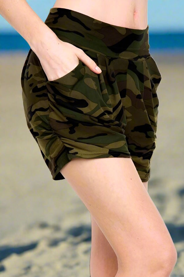 Womens Green Camo Harem Shorts, Pocket Shorts