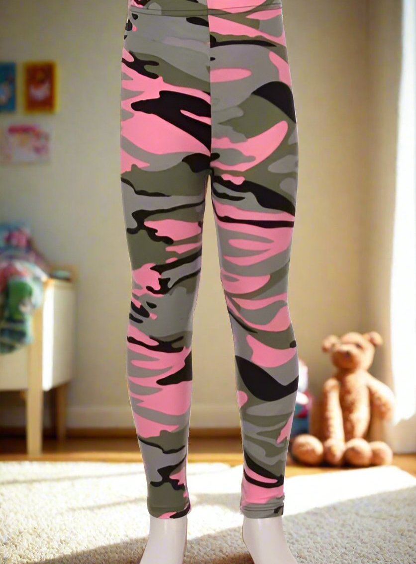 Girls Leggings | Pink Camouflage Leggings| Kids Yoga Pants | Footless  Tights | No-Roll Waistband