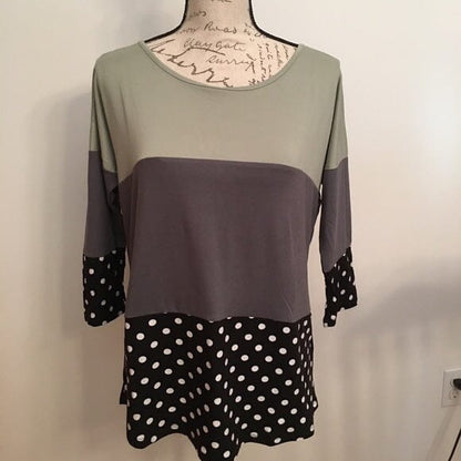 Womens Best Color Block Top, 3/4 Sleeve Stripes/Dots Plus Size Shirt: Green/Gray/Black Tops MomMe and More 