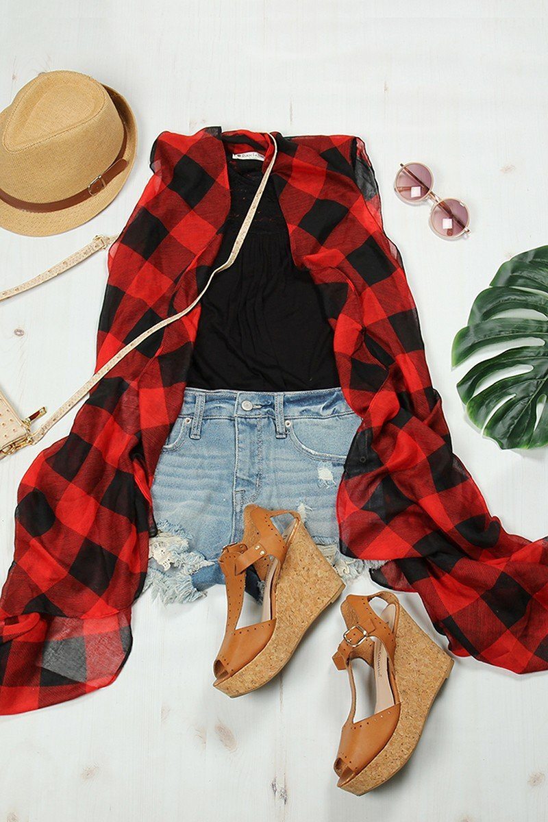 Women's Red Plaid Cardigan Kimono Vest: OS Cardigan MomMe and More