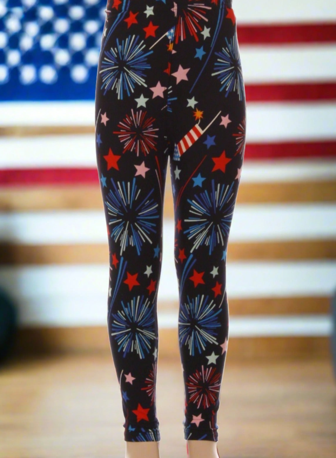 Girls Leggings | American Flag Sparkle Leggings | Kids Yoga Pants |  Footless Tights | No-Roll Waistband