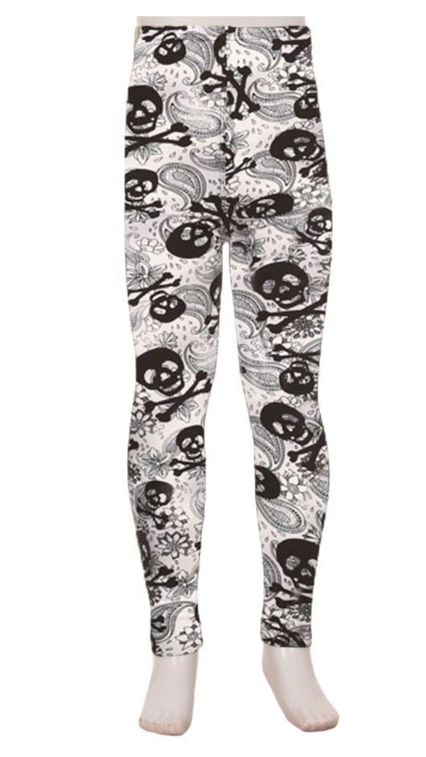 Girls Leggings | Paisley Skull Leggings | Kids Yoga Pants | Footless Tights  | No-Roll Waistband