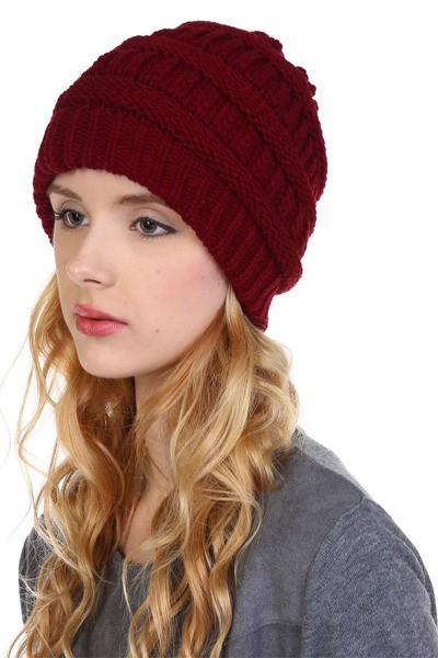 Women's Beanie Cable Knit Winter Hat: Mocha/Maroon MomMe and More