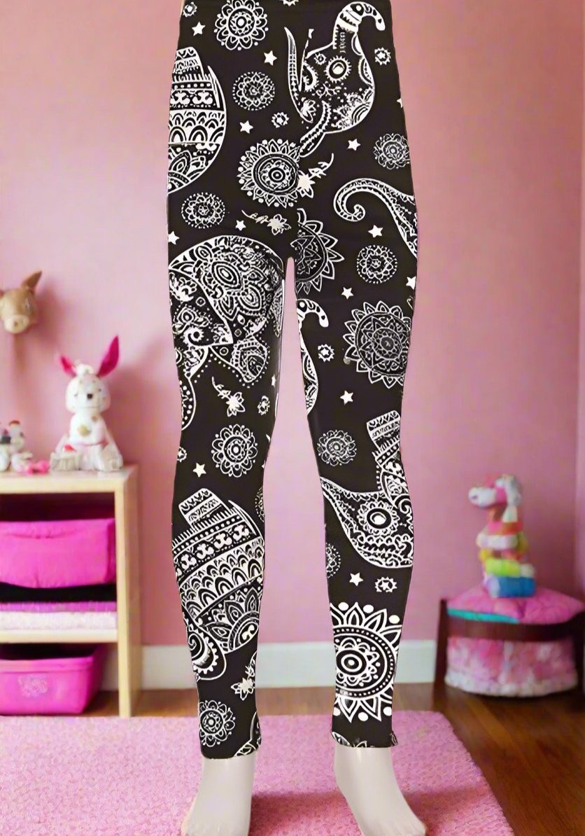 Girls Leggings | Elephant Leggings | Kids Yoga Pants | Footless Tights |  No-Roll Waistband