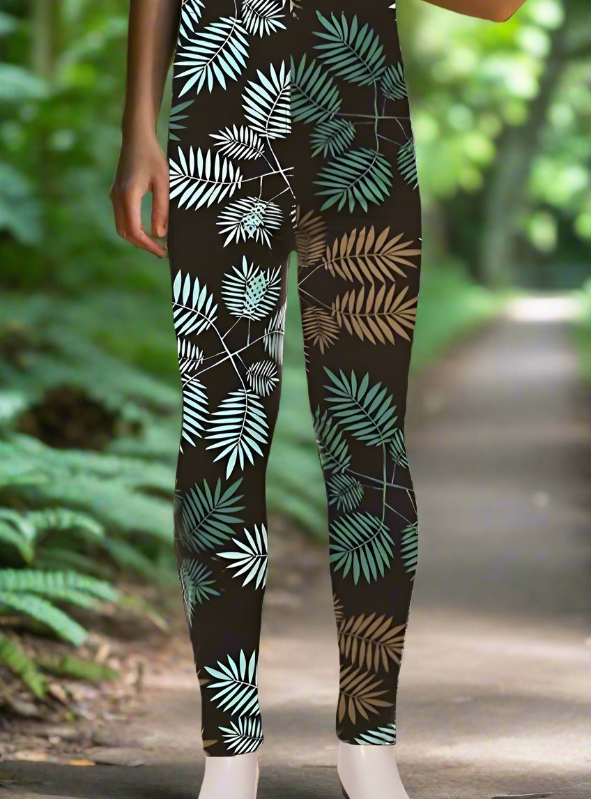 Girls Tropical Fern Printed Leggings Blue: S and L Leggings MomMe and More