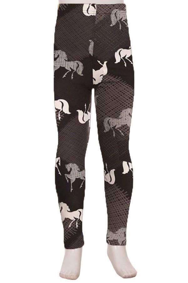 Girls Leggings | Black Horse Leggings | Kids Yoga Pants | Footless Tights |  No-Roll Waistband