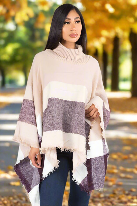 Womens Turtle Neck Fringed Plaid Poncho: Beige/Brown/White poncho MomMe and More
