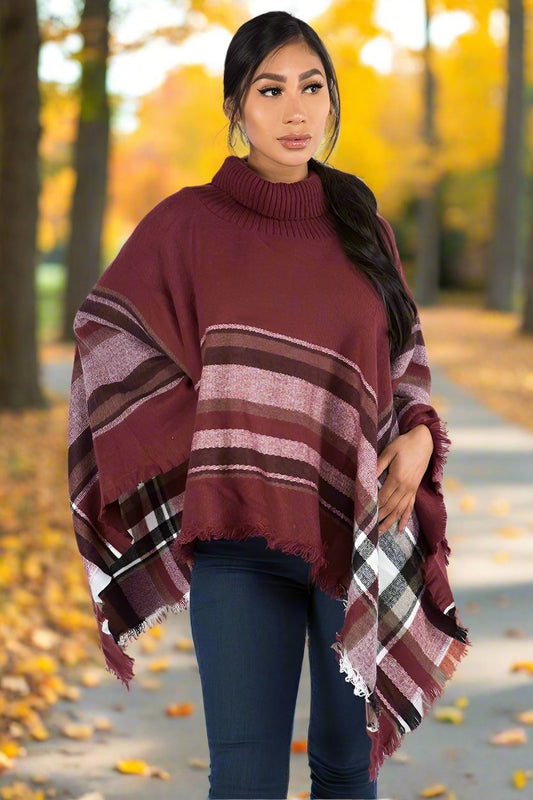 Womens Turtle Neck Fringed Plaid Poncho: Brown/Black/White poncho MomMe and More
