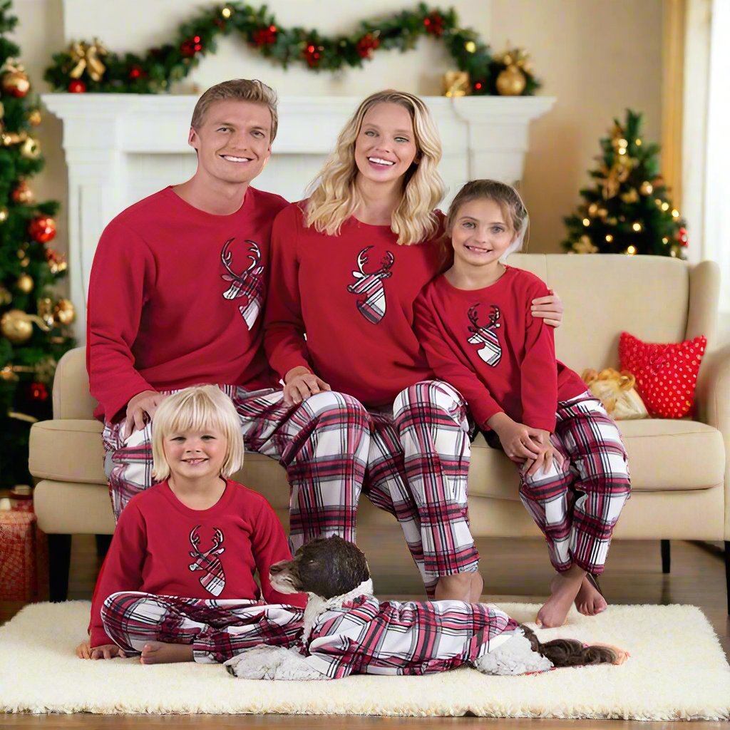 Matching Christmas Red Plaid Family Pajamas: Rudolph Sleepwear MomMe and More