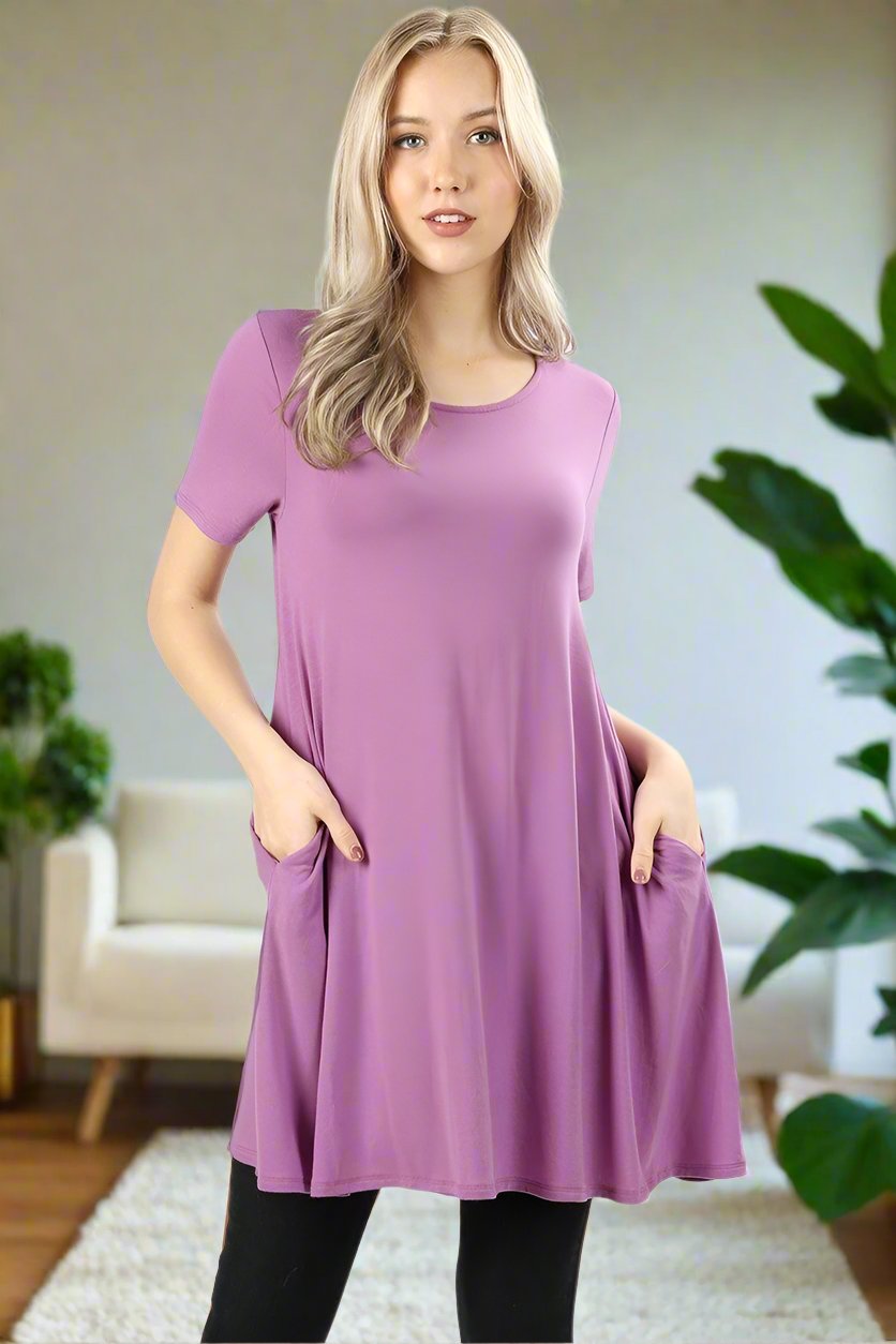 Womens Lavender Pocket Dress  Short Midi Dress For Leggings