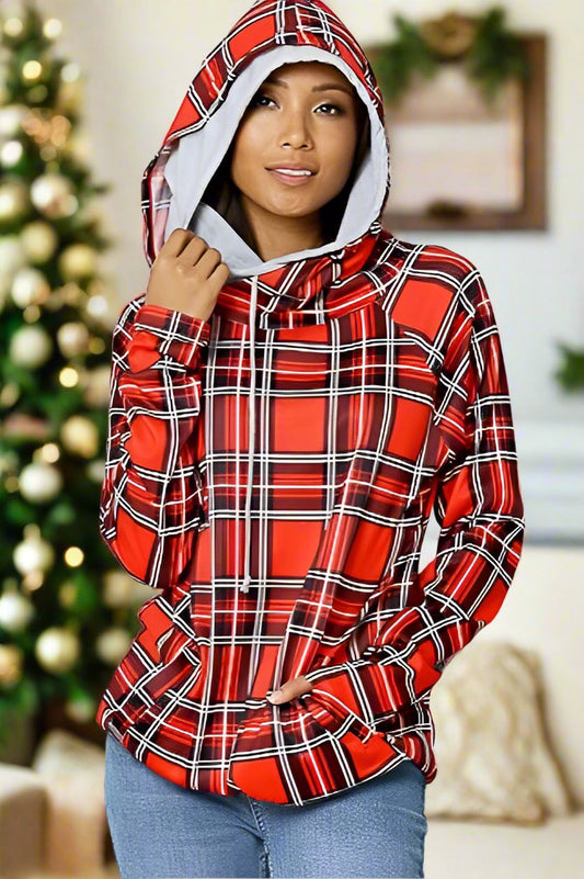 Womens Side Zip Double Hooded Sweatshirt: Red Plaid Tops MomMe and More