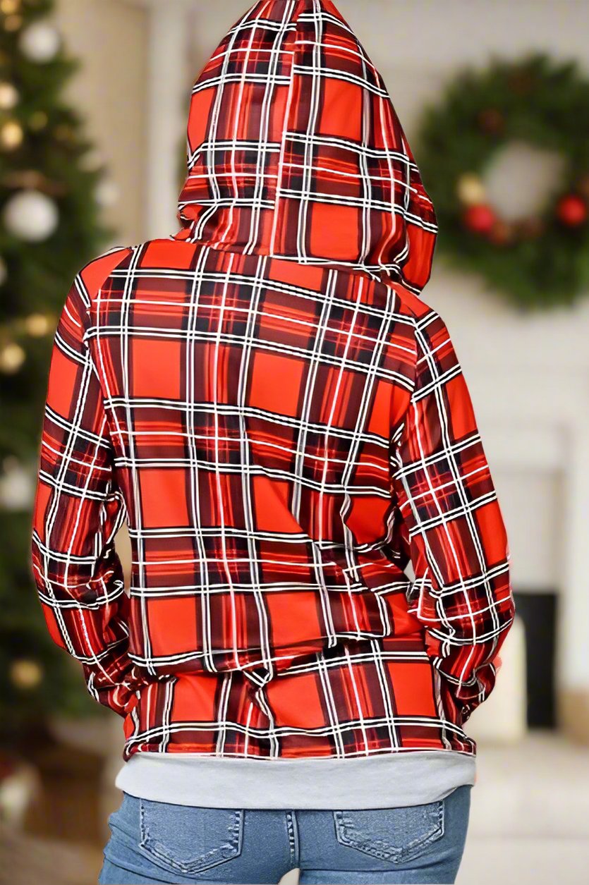 Womens Side Zip Double Hooded Sweatshirt: Red Plaid Tops MomMe and More